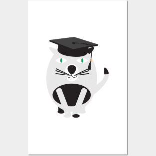 Black White Cat with Graduation Hat Posters and Art